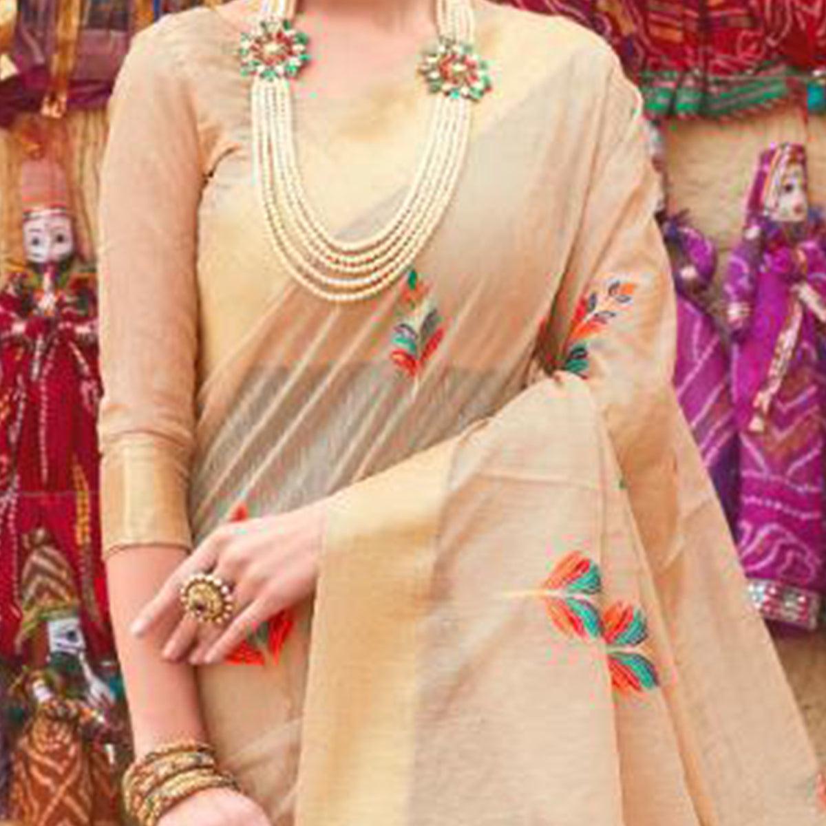 Energetic Cream Colored Partywear Printed Linen Saree - Peachmode