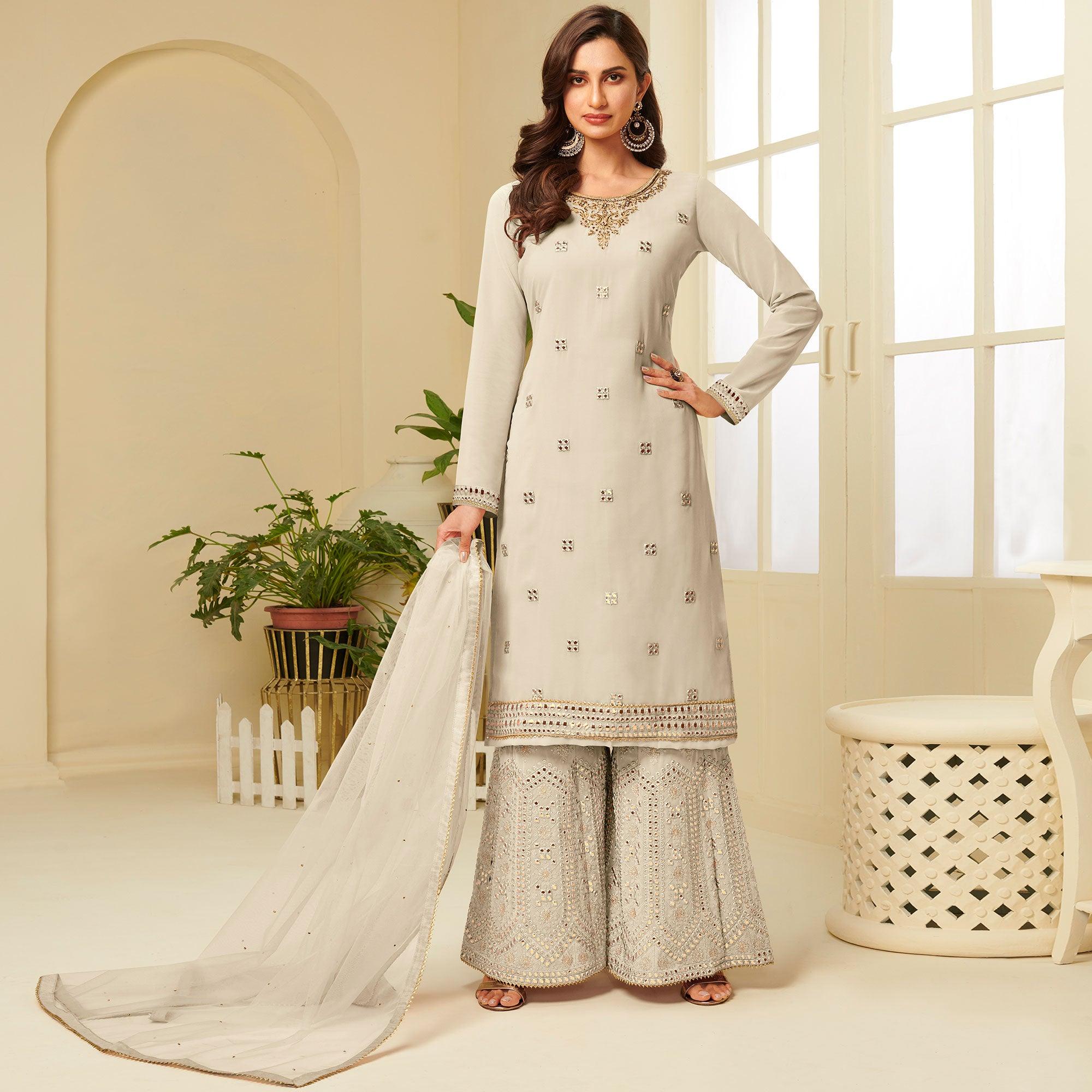 Energetic Cream Coloured Partywear Gota Work Georgette Palazzo Suit - Peachmode