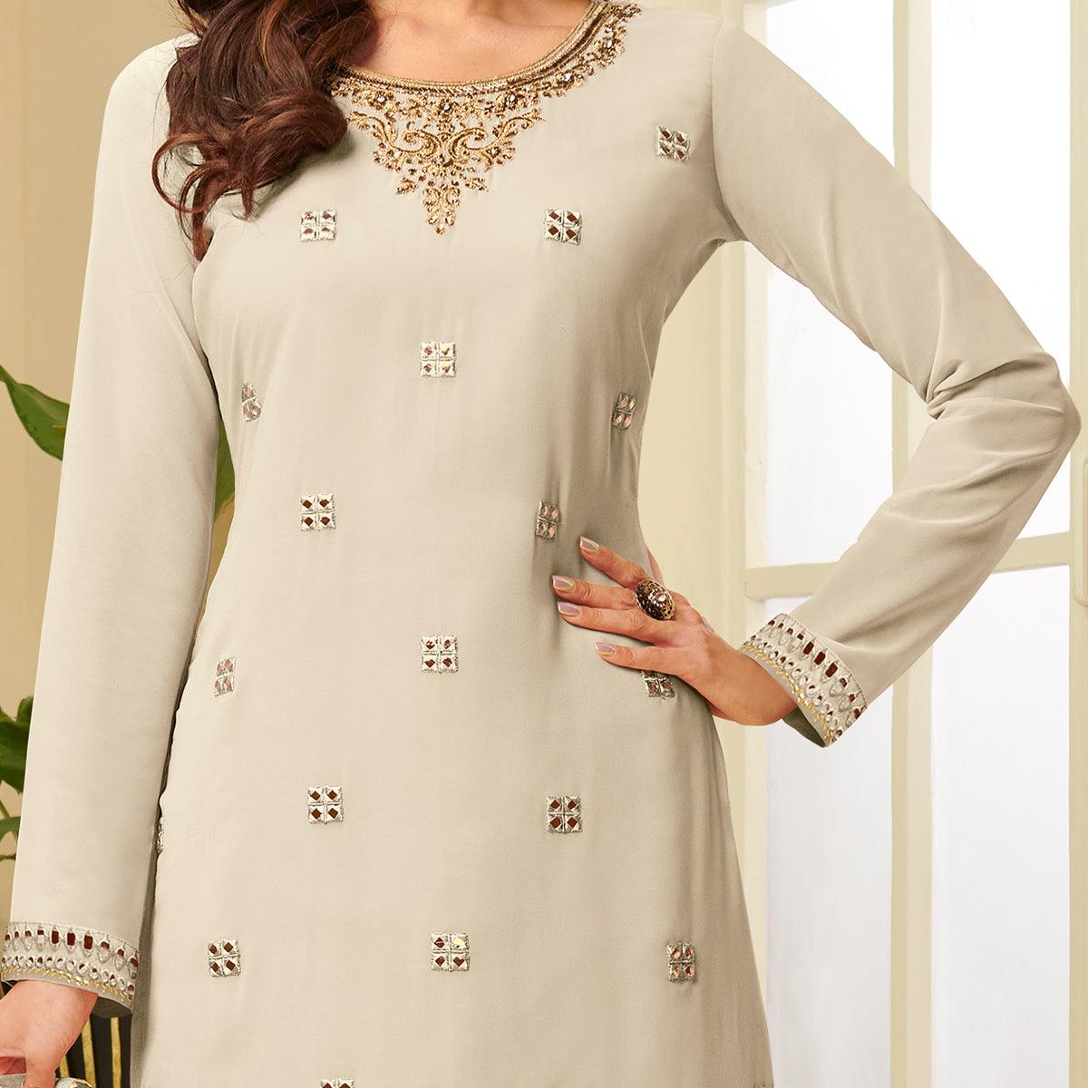 Energetic Cream Coloured Partywear Gota Work Georgette Palazzo Suit - Peachmode