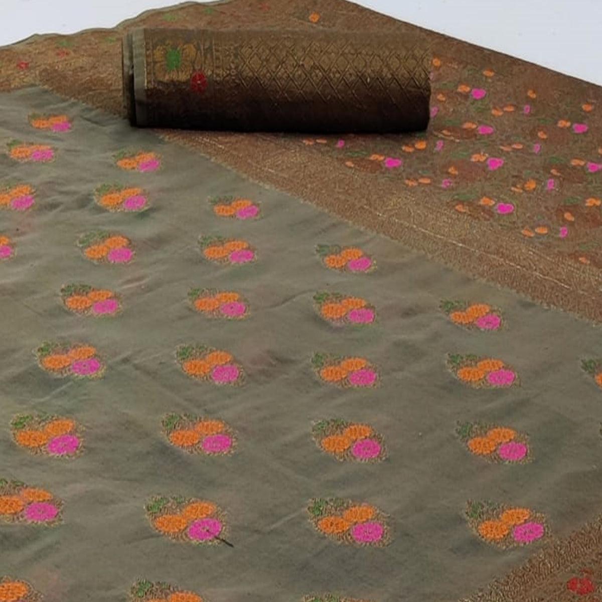 Energetic Dark Grey Colored Festive Wear Woven Cotton Saree - Peachmode