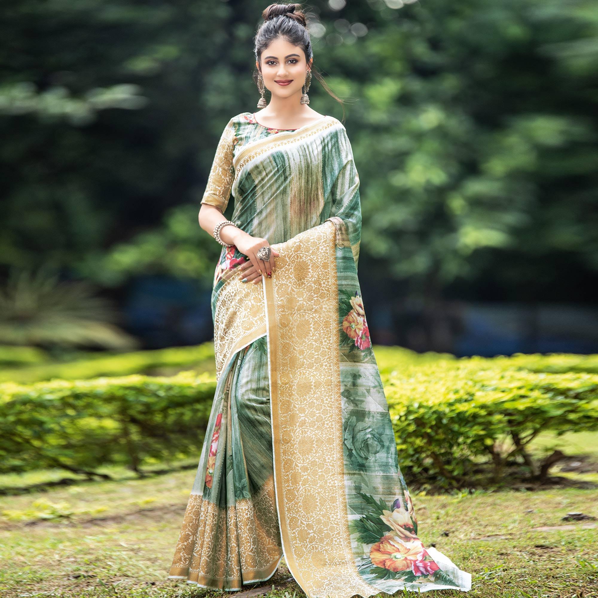 Energetic Green-Beige Colored Partywear Digital Printed Organza Saree - Peachmode