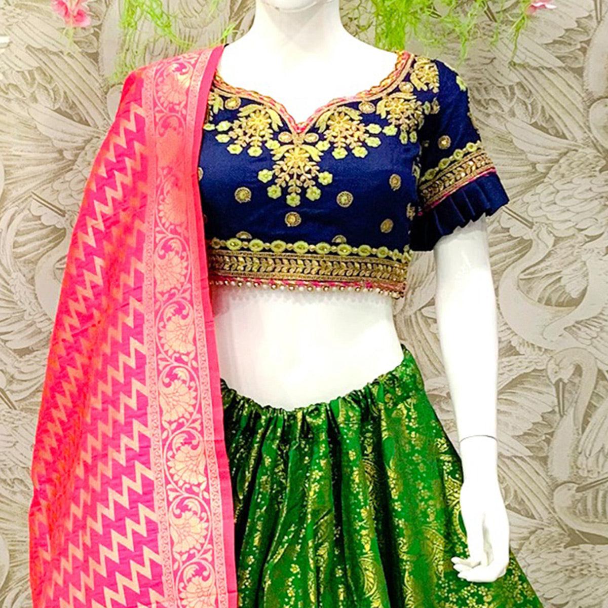 Energetic Green Colored Designer Wedding Wear Woven Banarasi Silk Lehenga Choli - Peachmode