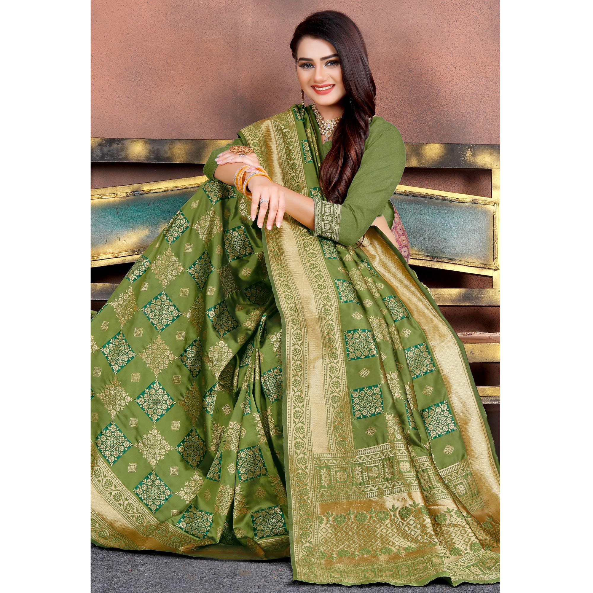 Energetic Green Colored Festive Wear Woven Silk Saree - Peachmode