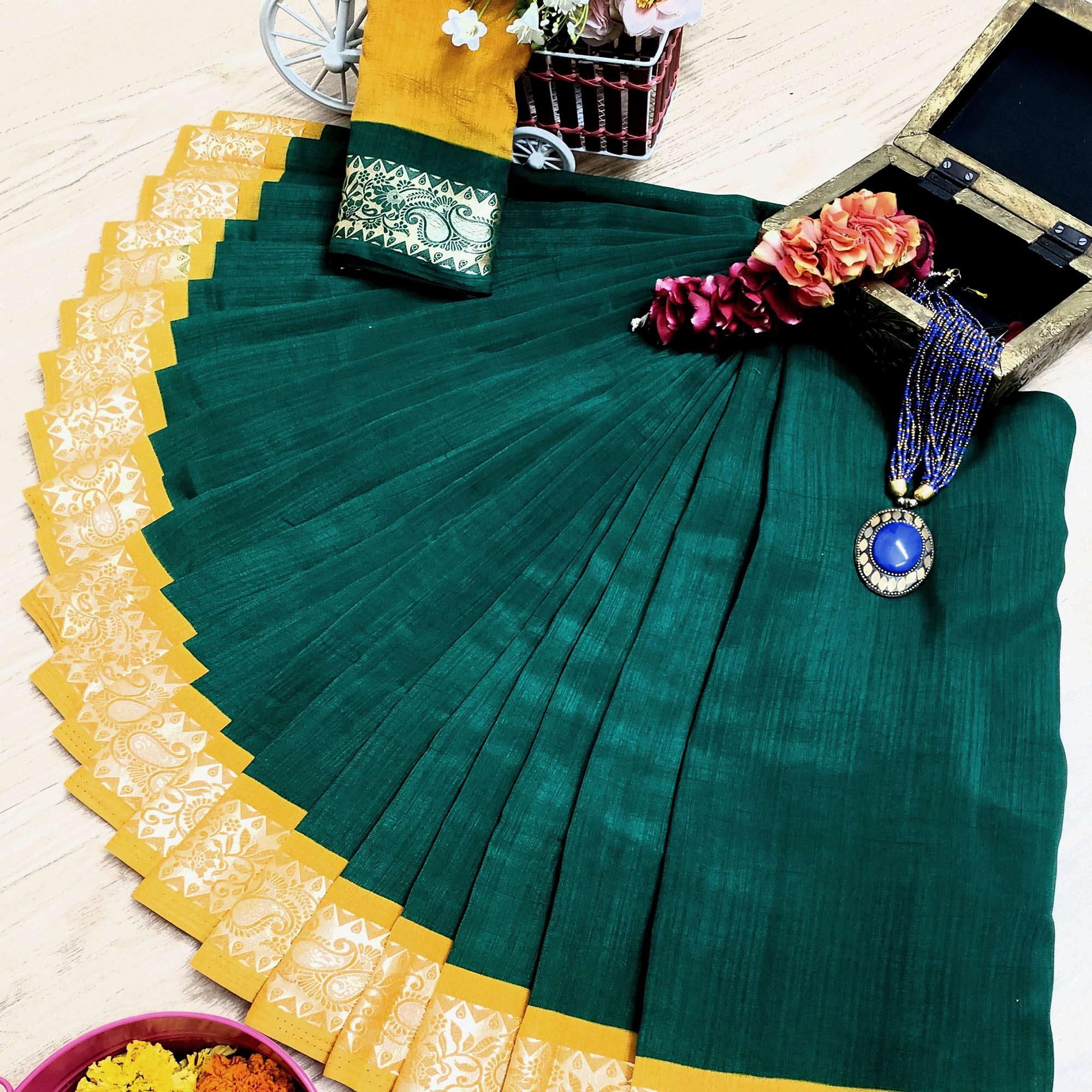 Energetic Green Colored Festive Wear Woven Soft Vichitra Silk Saree - Peachmode