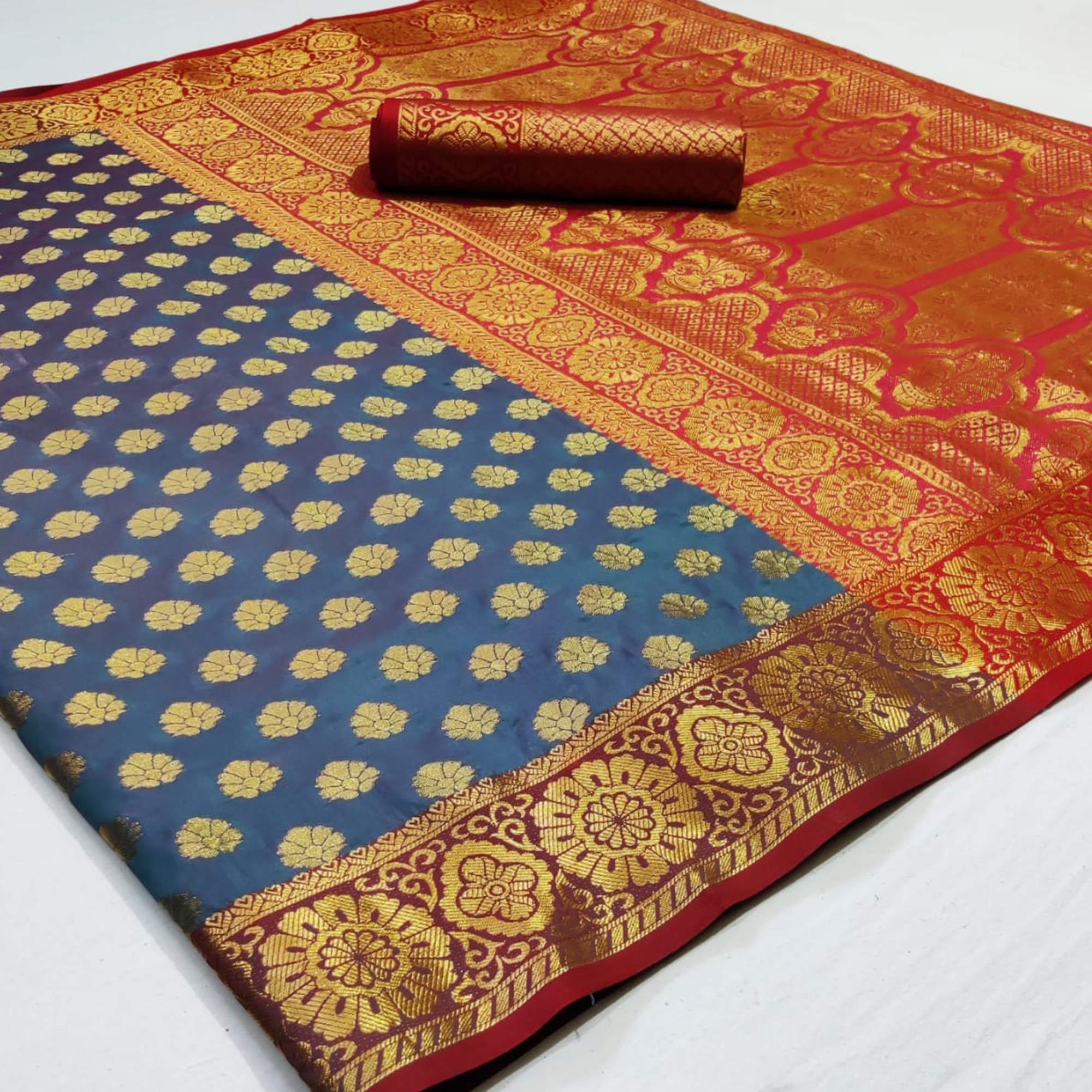 Energetic Grey Colored Festive Wear Woven Heavy Silk Saree - Peachmode