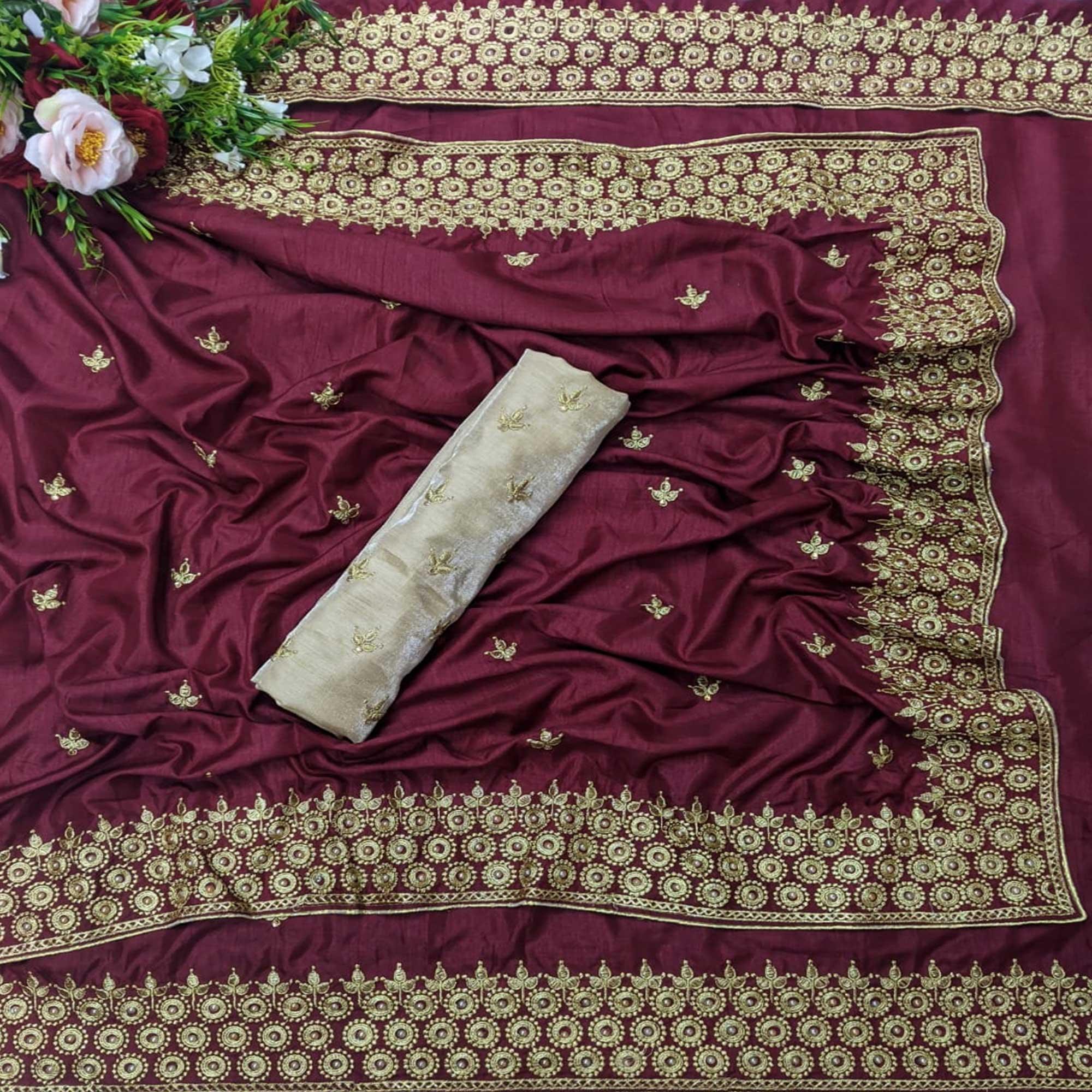 Energetic Maroon Coloured Partywear Embroidered Dola Silk Saree - Peachmode