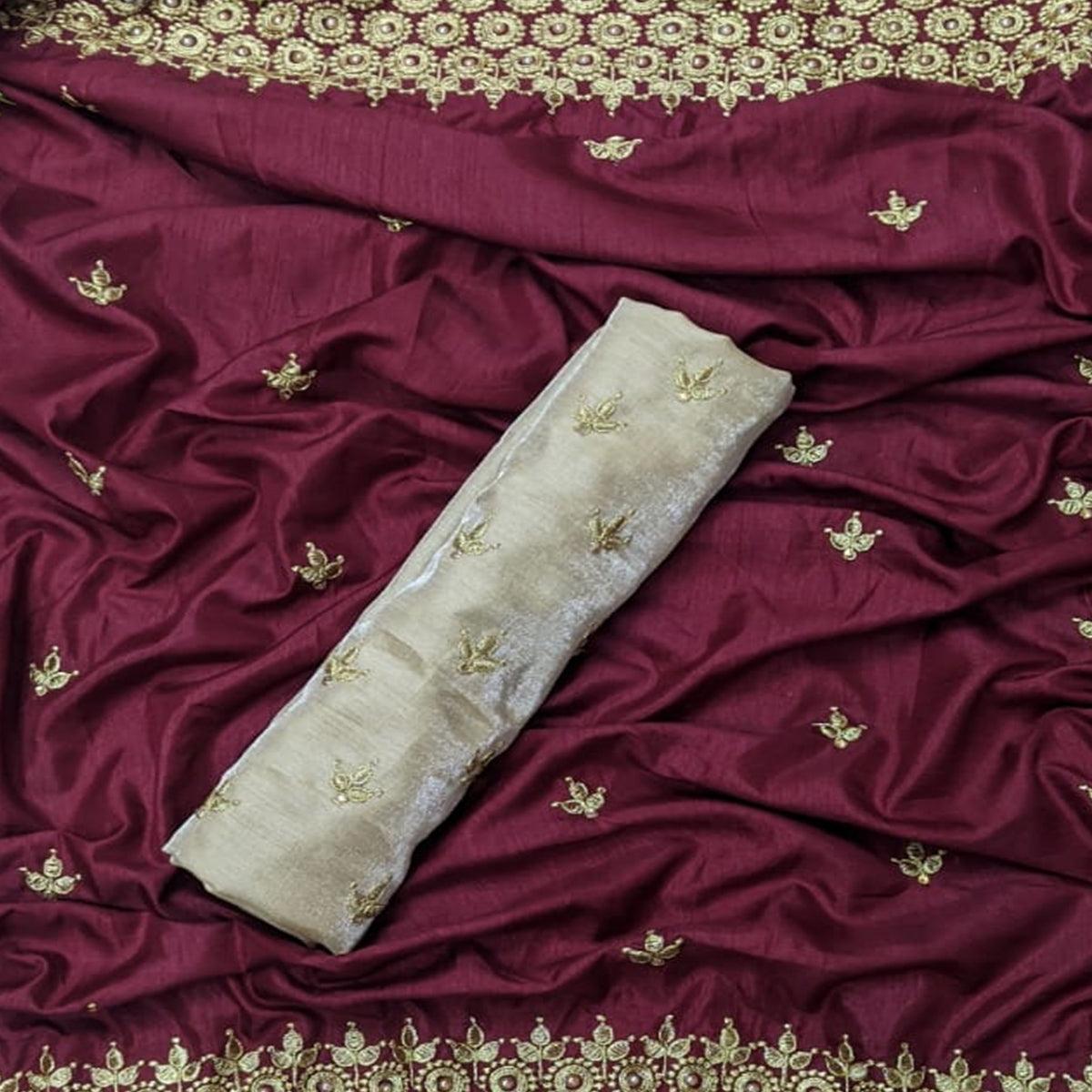 Energetic Maroon Coloured Partywear Embroidered Dola Silk Saree - Peachmode