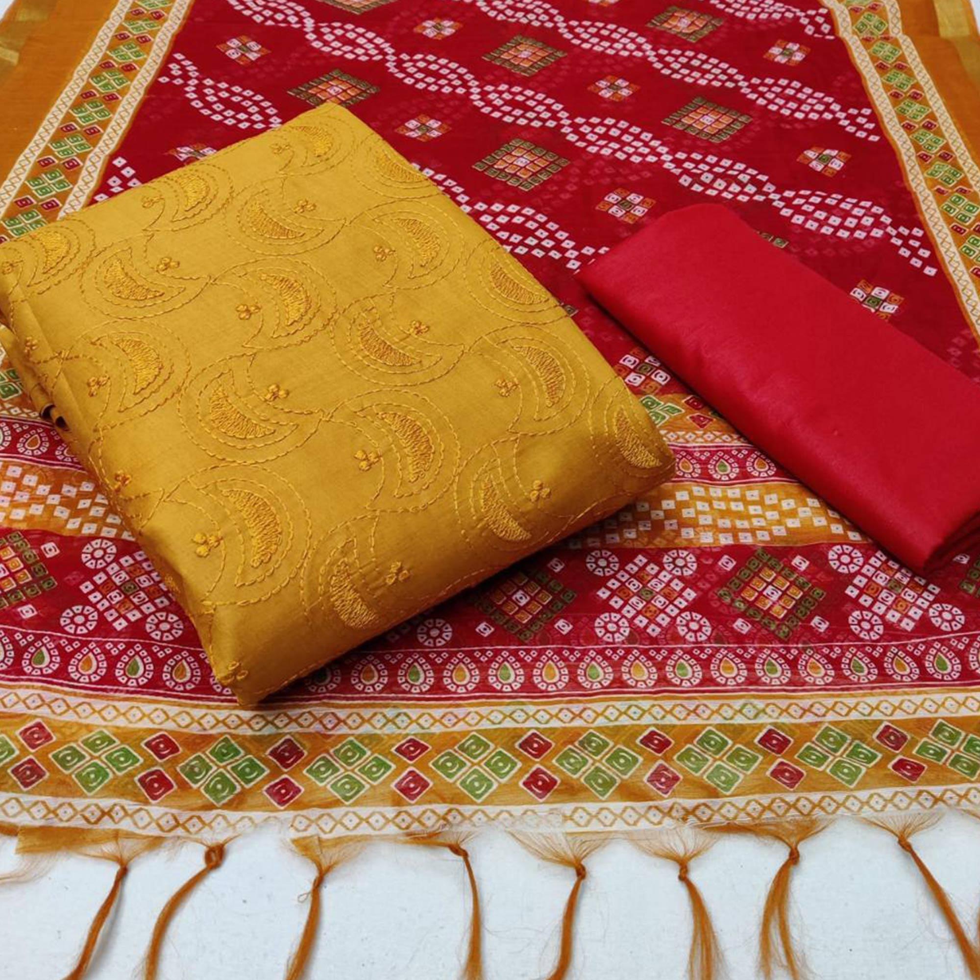 Energetic Mustard Yellow Colored Casual Wear Embroidered Cotton Dress Material - Peachmode