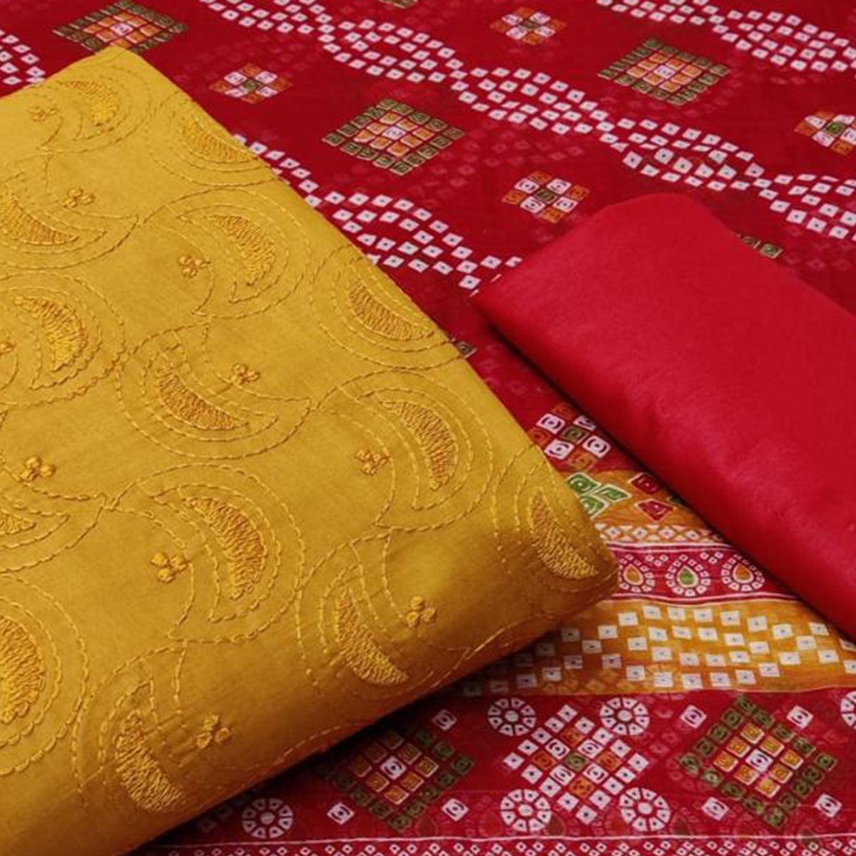 Energetic Mustard Yellow Colored Casual Wear Embroidered Cotton Dress Material - Peachmode