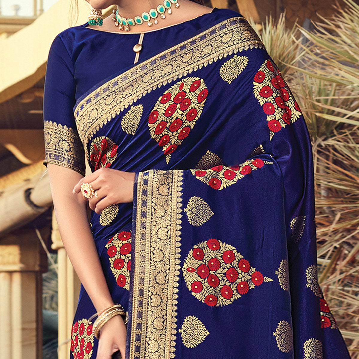 Energetic Navy Blue Colored Festive Wear Woven Silk Saree - Peachmode