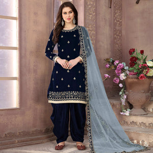 Energetic Navy Blue Colored Partywear Embroidered Velvet Patiala Suit - Peachmode