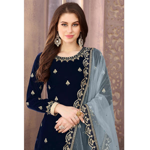 Energetic Navy Blue Colored Partywear Embroidered Velvet Patiala Suit - Peachmode