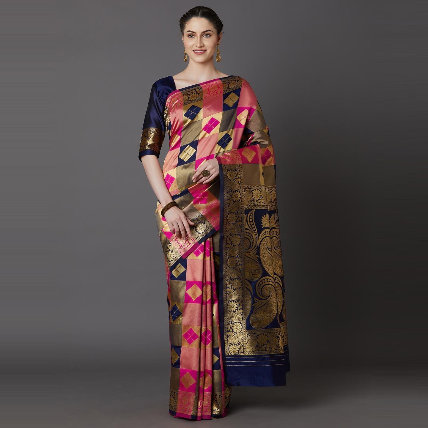 Energetic Navy Blue - Pink Colored Festive Wear Woven Silk Blend Saree - Peachmode