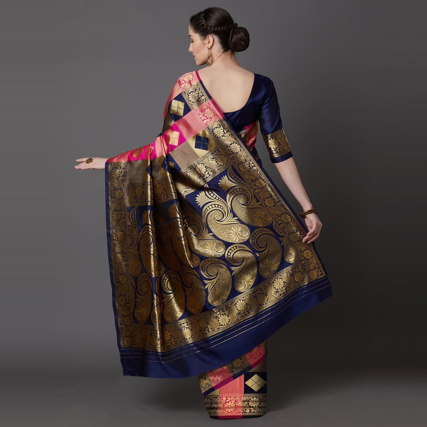 Energetic Navy Blue - Pink Colored Festive Wear Woven Silk Blend Saree - Peachmode