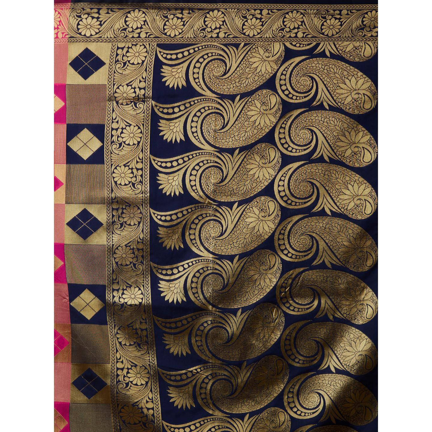 Energetic Navy Blue - Pink Colored Festive Wear Woven Silk Blend Saree - Peachmode