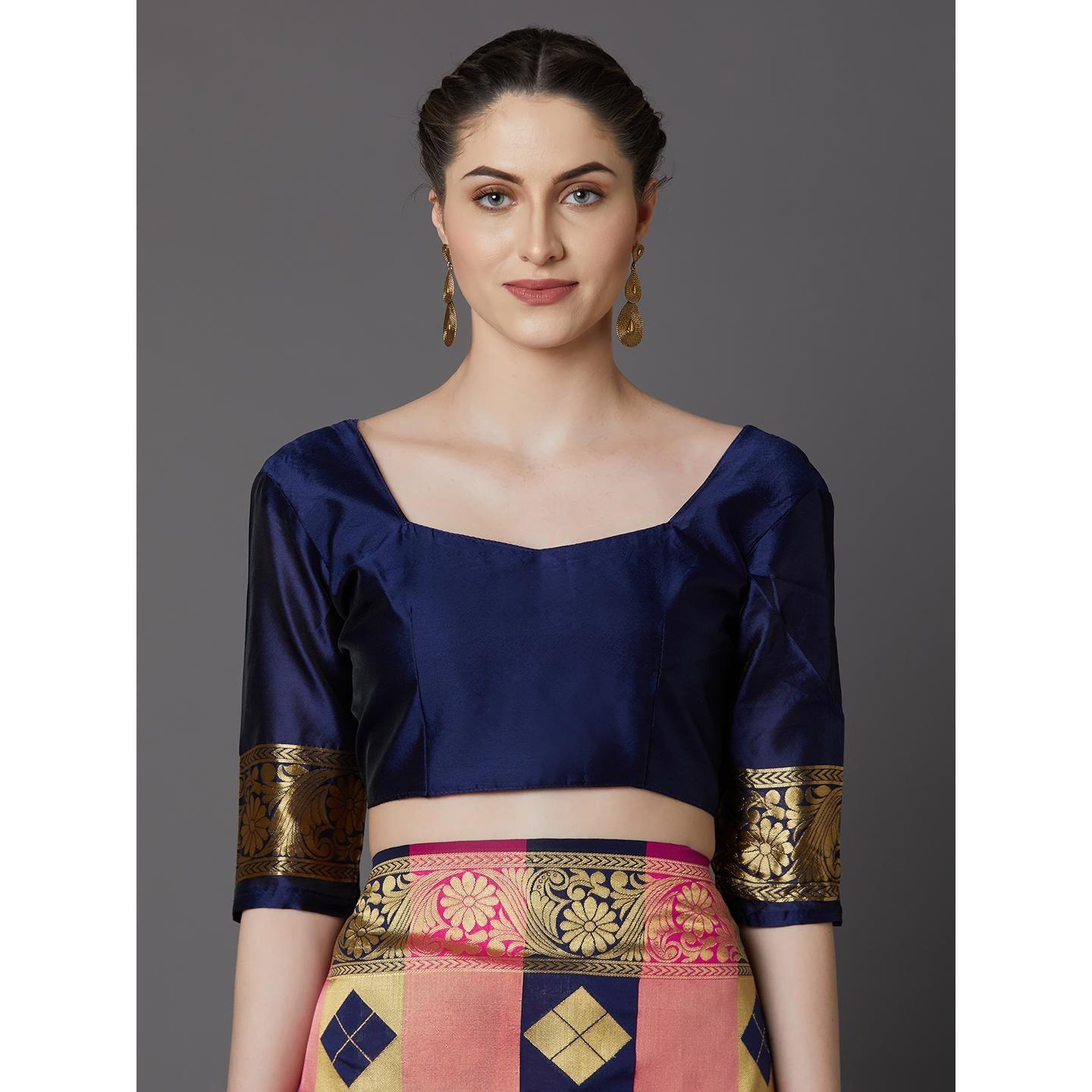 Energetic Navy Blue - Pink Colored Festive Wear Woven Silk Blend Saree - Peachmode