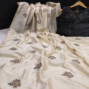 Energetic Offwhite Colored Partywear Floral Embroidered Silk Saree - Peachmode