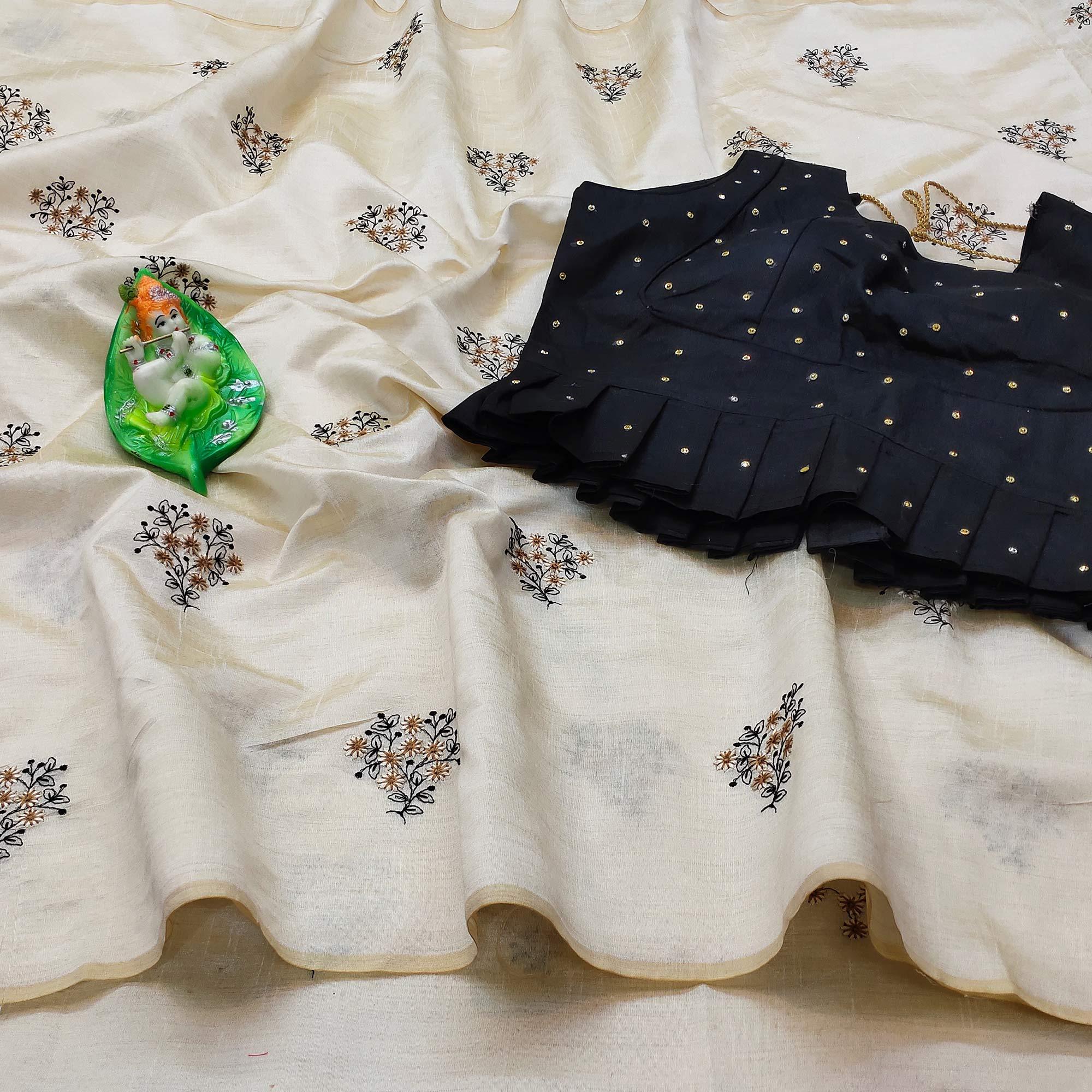 Energetic Offwhite Colored Partywear Floral Embroidered Silk Saree - Peachmode