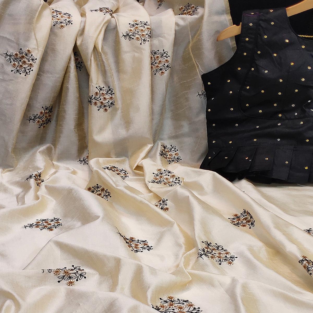 Energetic Offwhite Colored Partywear Floral Embroidered Silk Saree - Peachmode