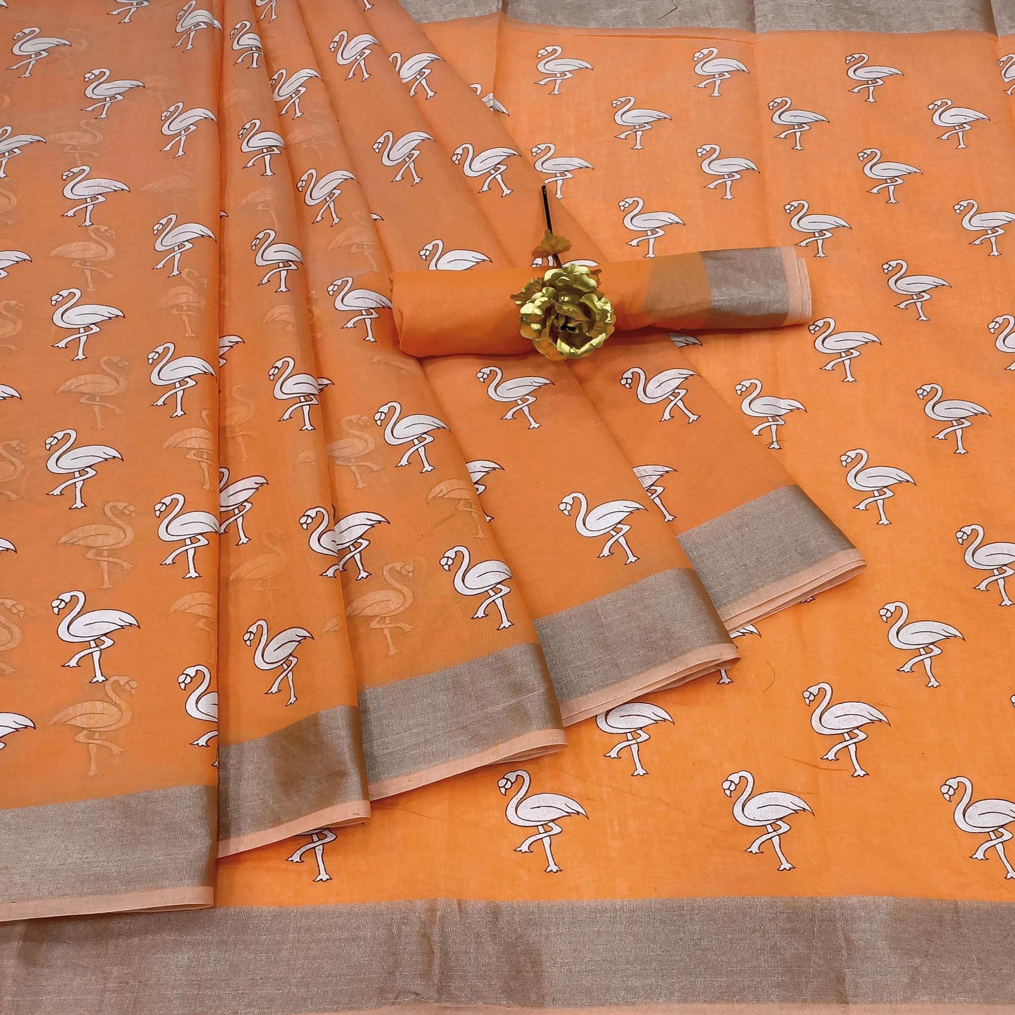 Energetic Orange Colored Casual Wear Printed Cotton Linen Saree - Peachmode