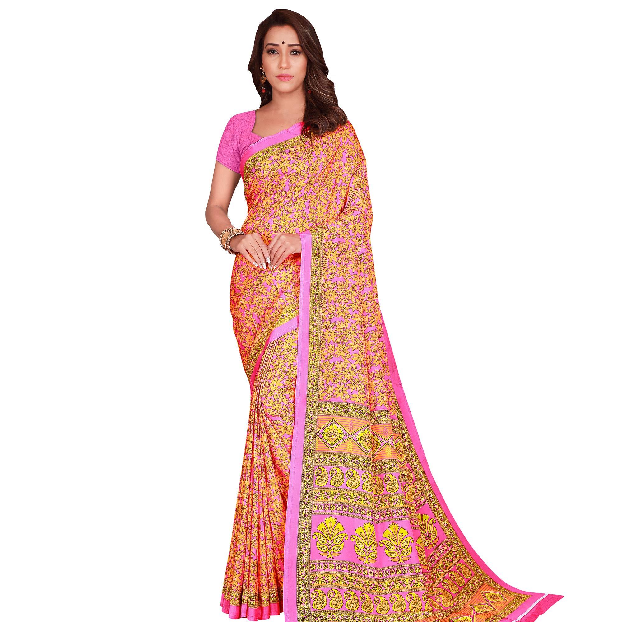 Energetic Orange Colored Casual Wear Printed Crepe Saree - Peachmode