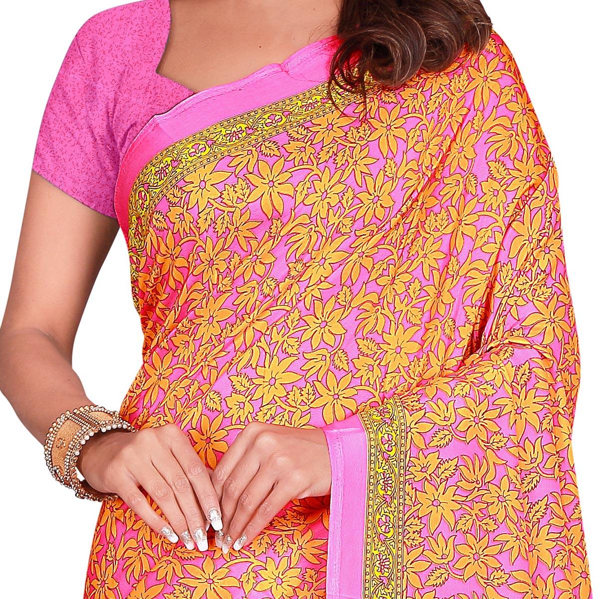 Energetic Orange Colored Casual Wear Printed Crepe Saree - Peachmode