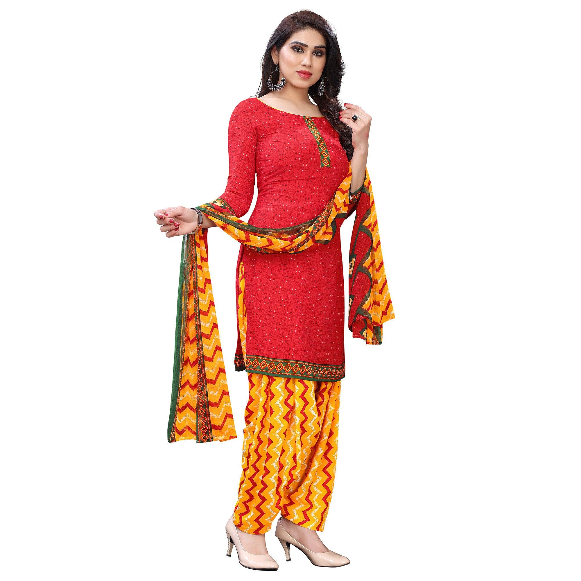 Energetic Peach Colored Casual Wear Printed French Crepe Patiala Dress Material - Peachmode