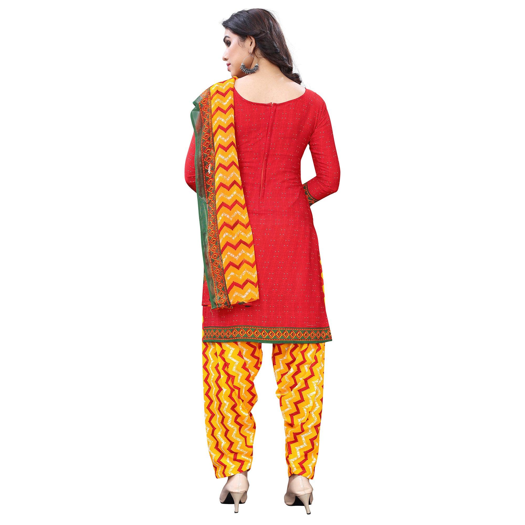 Energetic Peach Colored Casual Wear Printed French Crepe Patiala Dress Material - Peachmode