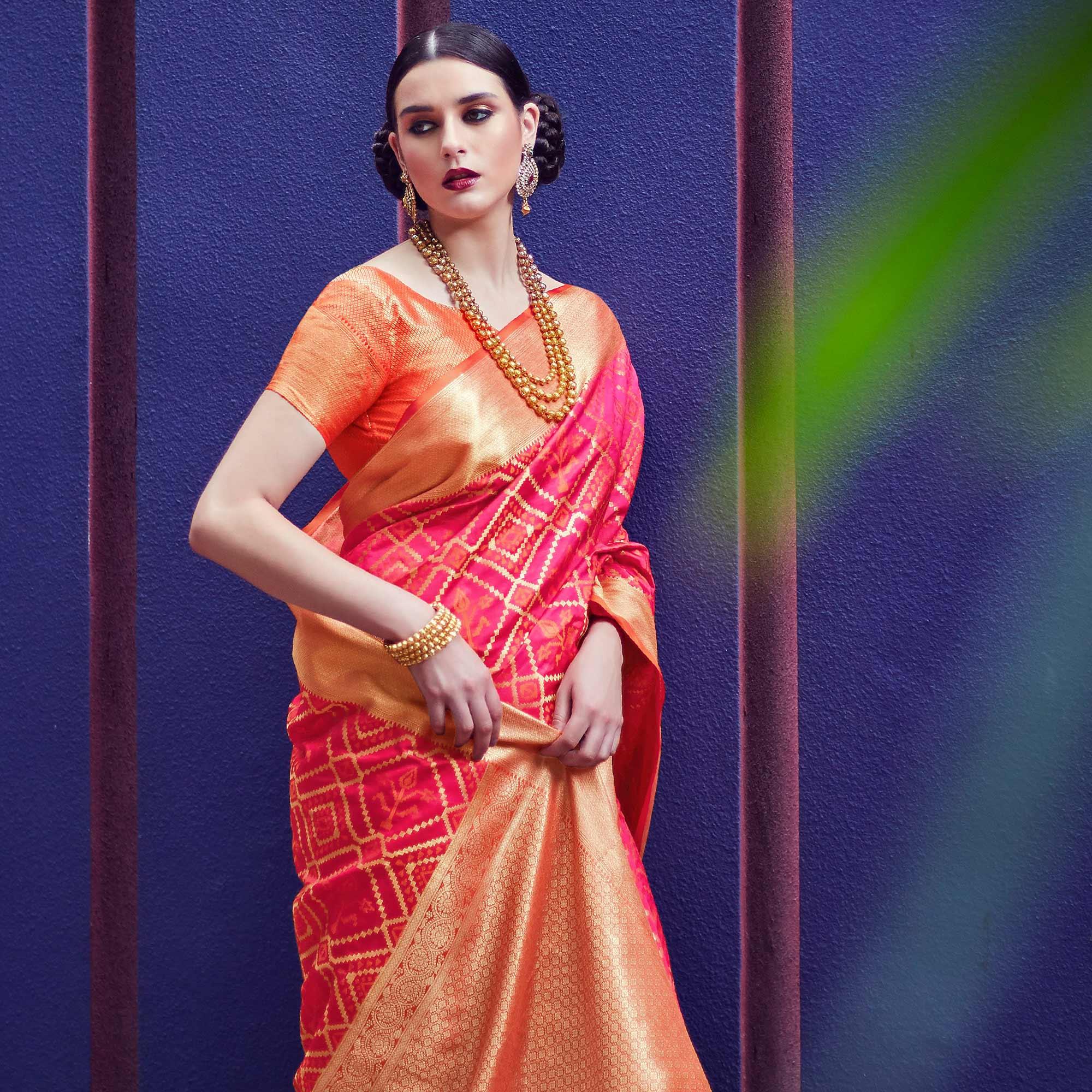 Energetic Pink Colored Festive Wear Woven Indian Patola Silk Saree - Peachmode