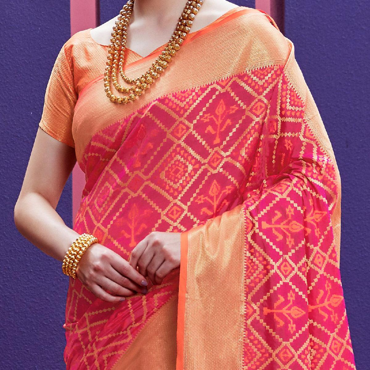 Energetic Pink Colored Festive Wear Woven Indian Patola Silk Saree - Peachmode