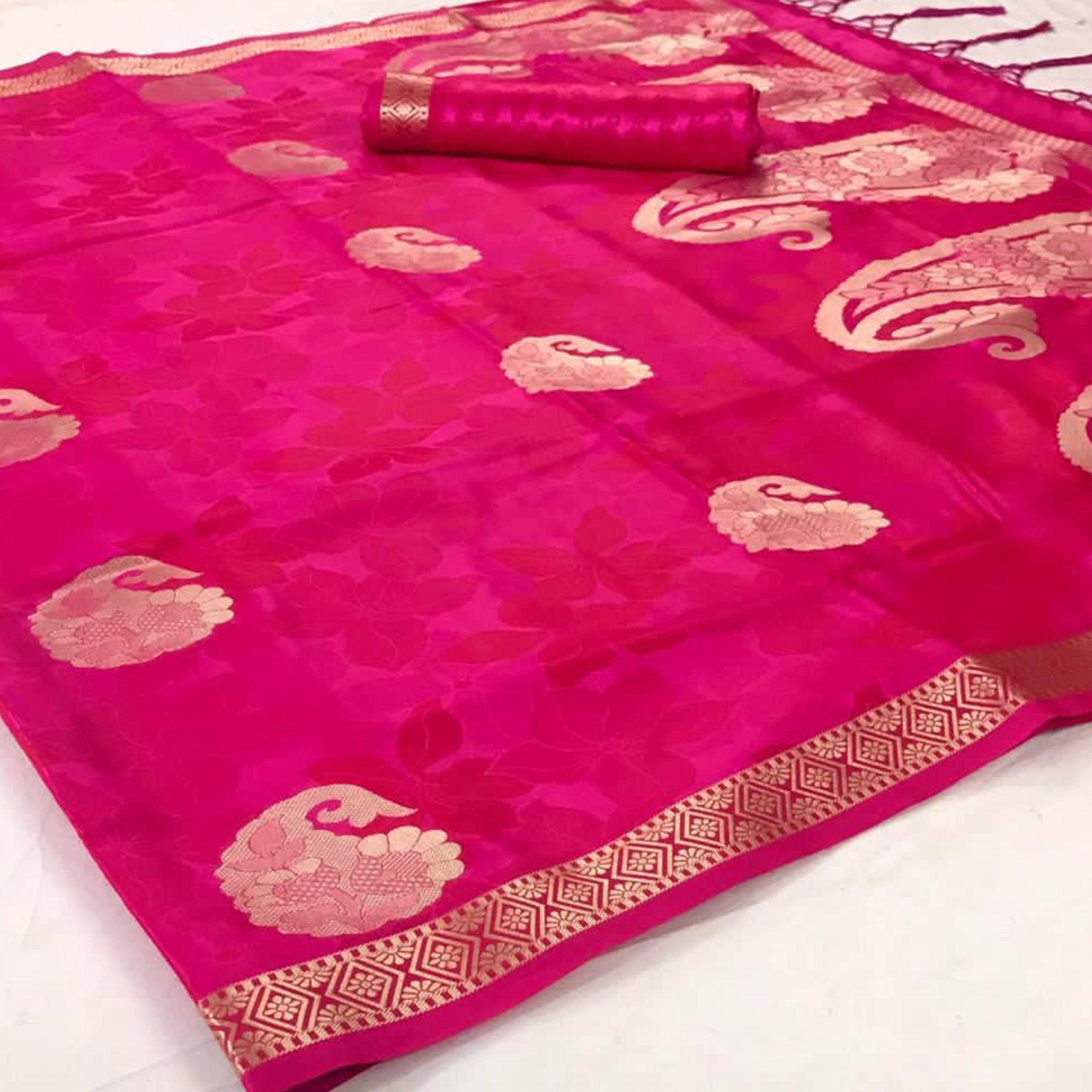 Energetic Pink Colored Festive Wear Woven Pure Satin Silk Saree - Peachmode