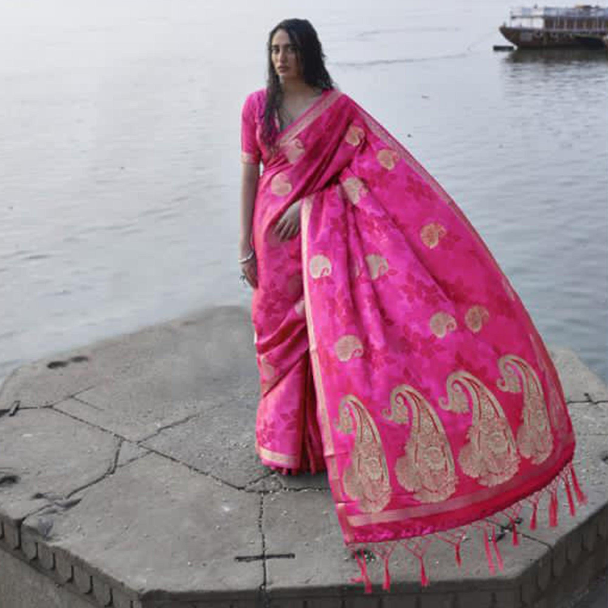 Energetic Pink Colored Festive Wear Woven Pure Satin Silk Saree - Peachmode