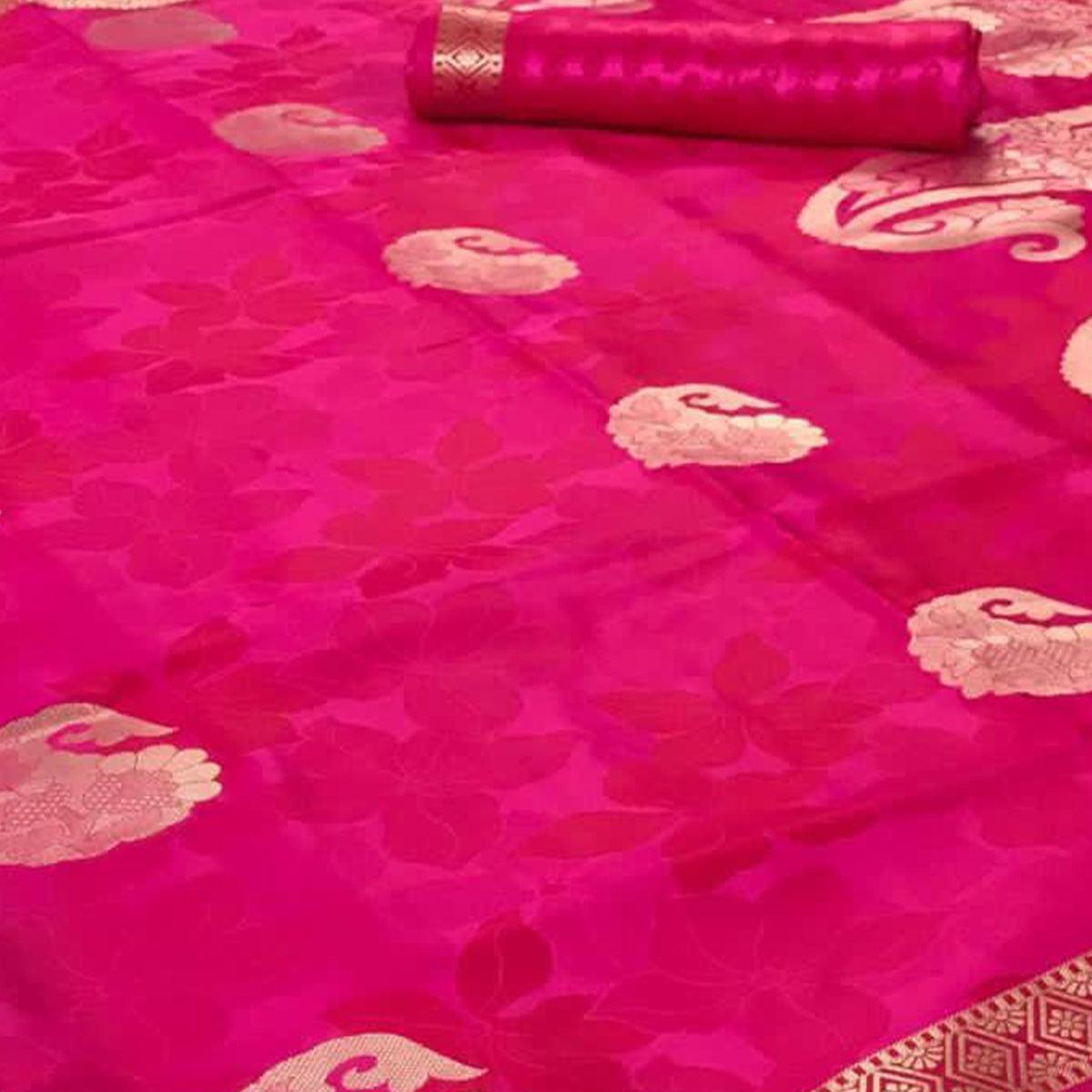 Energetic Pink Colored Festive Wear Woven Pure Satin Silk Saree - Peachmode