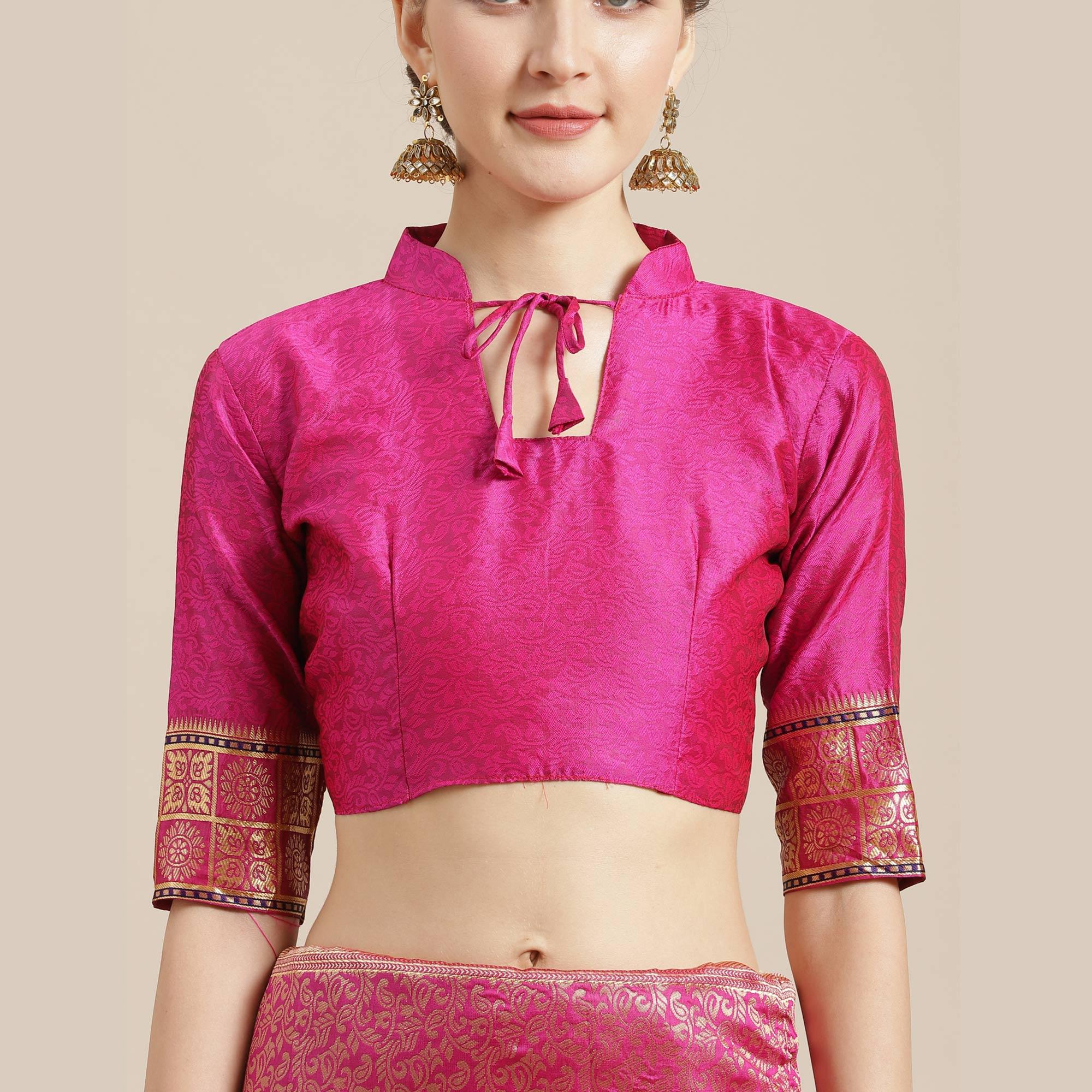 Energetic Pink Colored Festive Wear Woven Silk Blend Saree - Peachmode