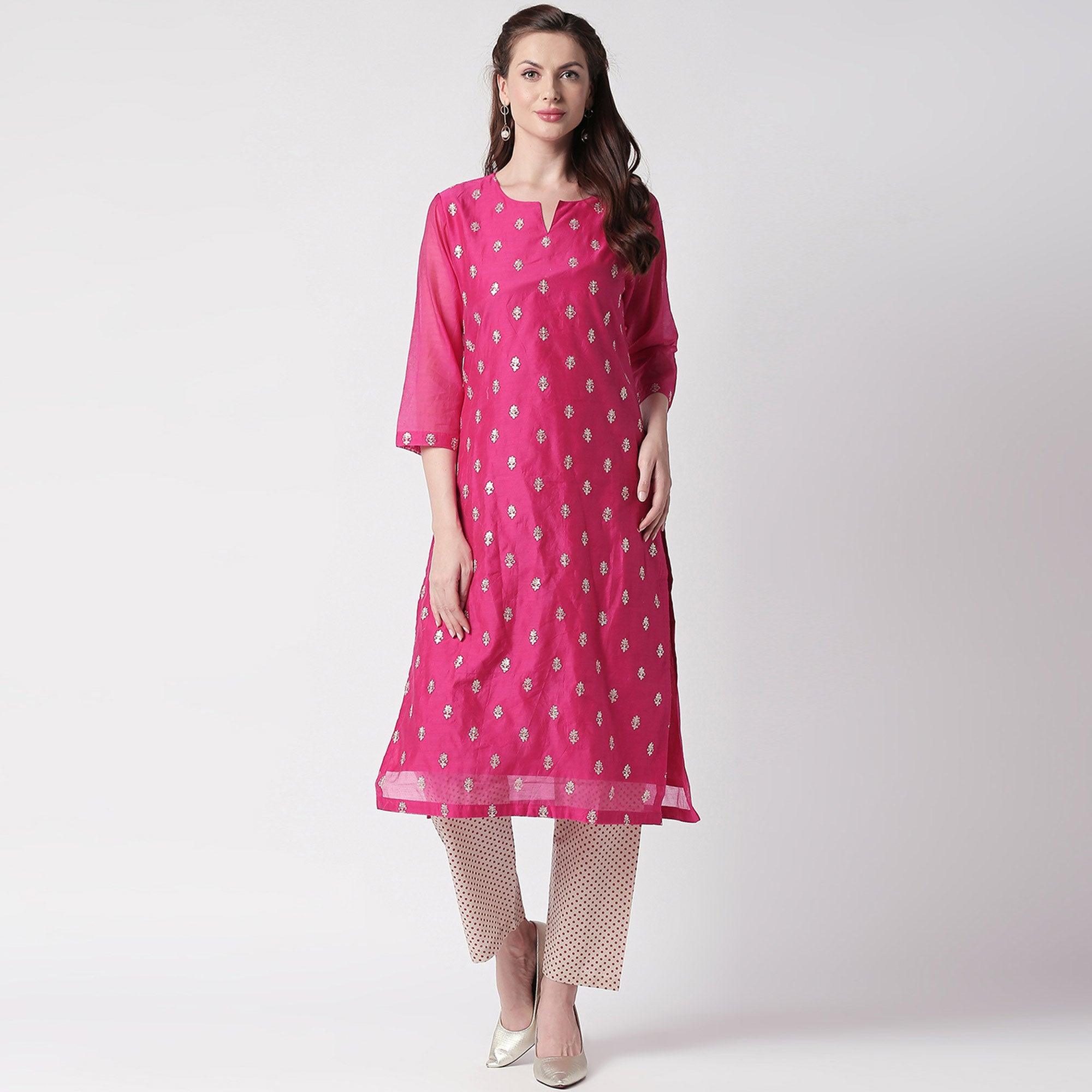 Energetic Pink Colored Partywear Embroidered Silk Kurti - Bottom Set - Peachmode