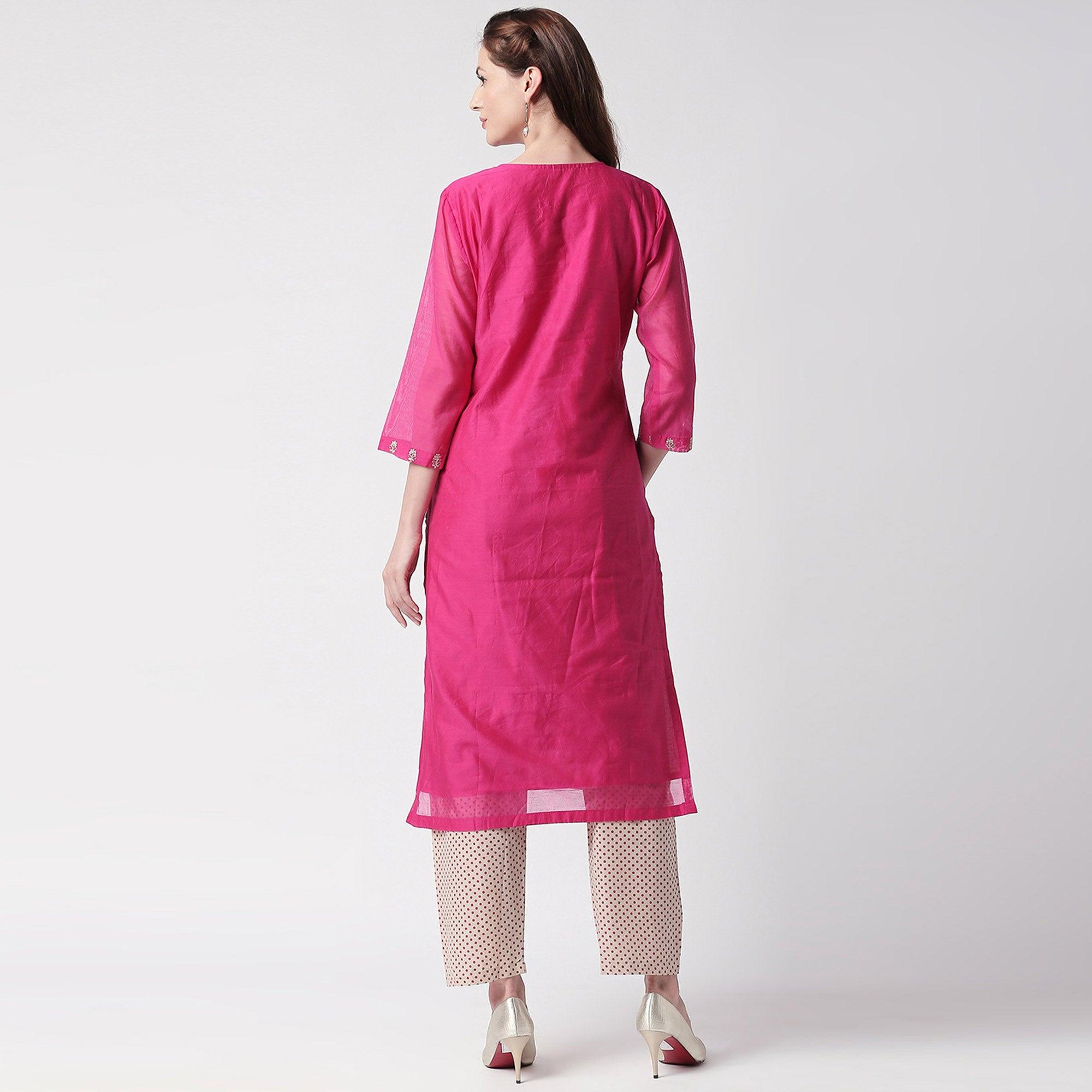 Energetic Pink Colored Partywear Embroidered Silk Kurti - Bottom Set - Peachmode