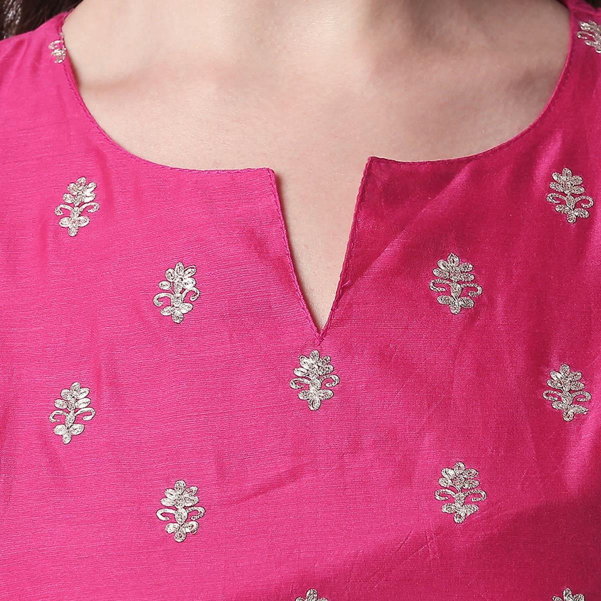 Energetic Pink Colored Partywear Embroidered Silk Kurti - Bottom Set - Peachmode