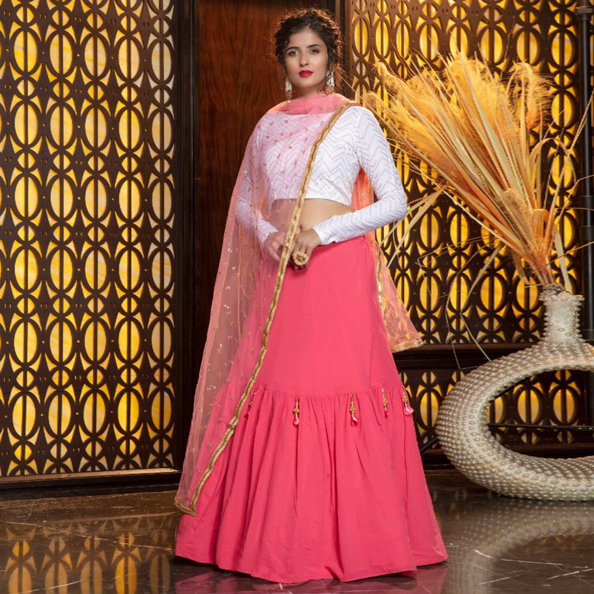 Energetic Pink Colored Partywear Foil Printed Georgette Lehenga Choli - Peachmode