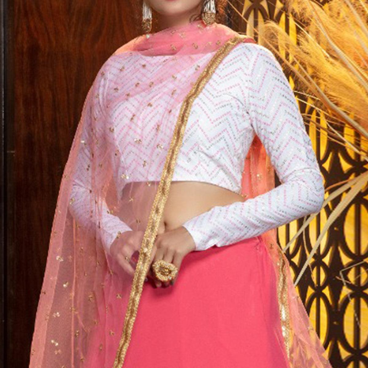 Energetic Pink Colored Partywear Foil Printed Georgette Lehenga Choli - Peachmode
