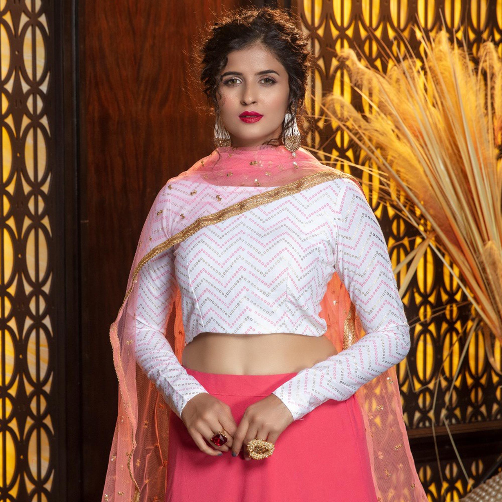 Energetic Pink Colored Partywear Foil Printed Georgette Lehenga Choli - Peachmode