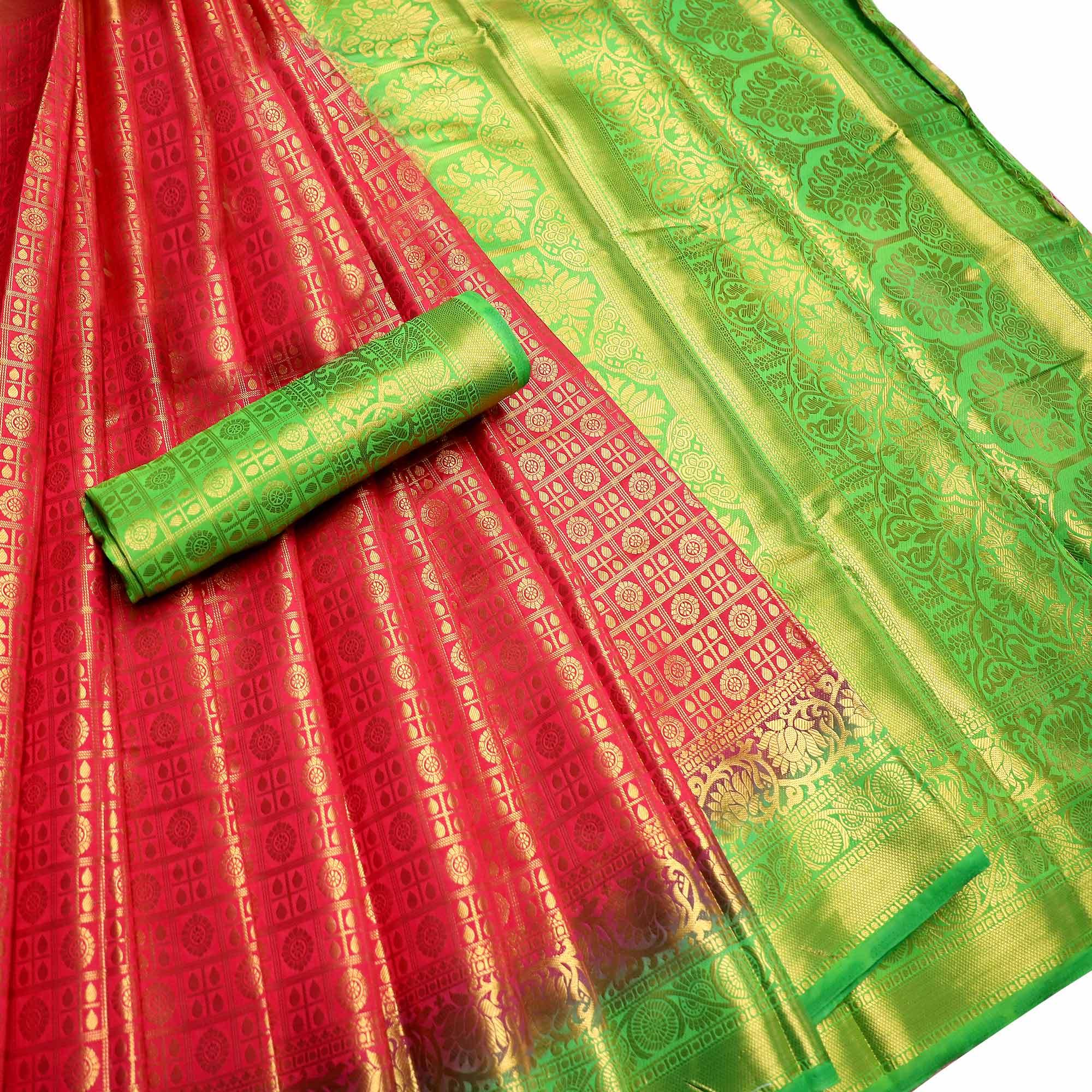 Energetic Pink-Green Colored Festive Wear Woven Art Silk Saree - Peachmode