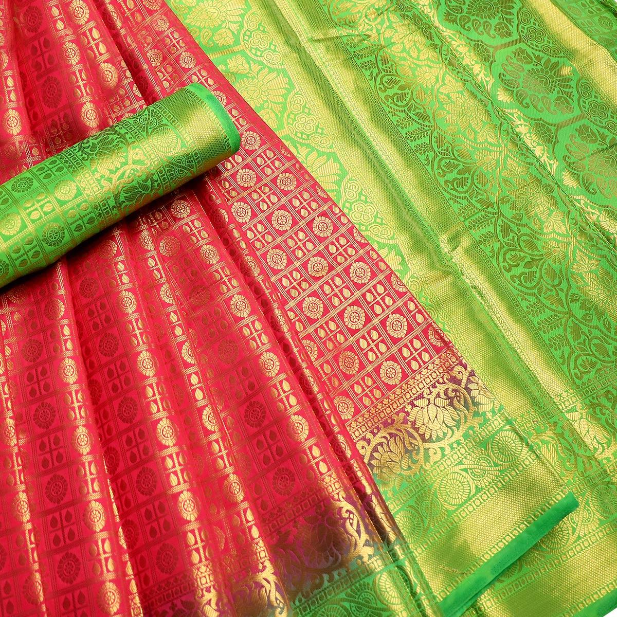 Energetic Pink-Green Colored Festive Wear Woven Art Silk Saree - Peachmode