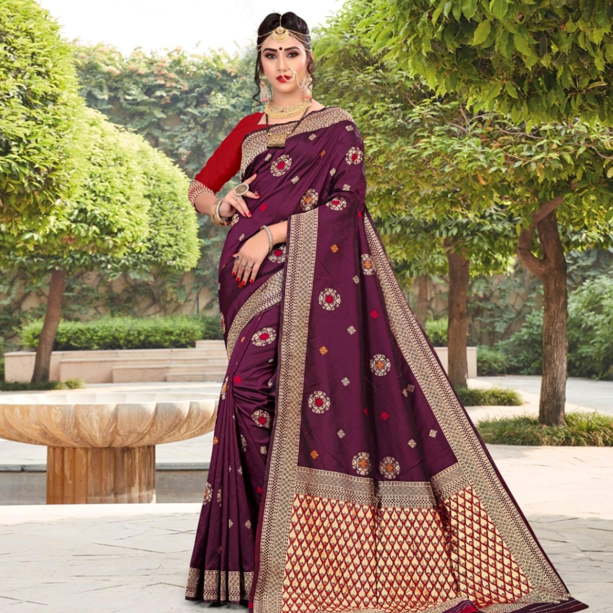 Energetic Purple Colored Festive Wear Woven Lichi Silk Saree - Peachmode
