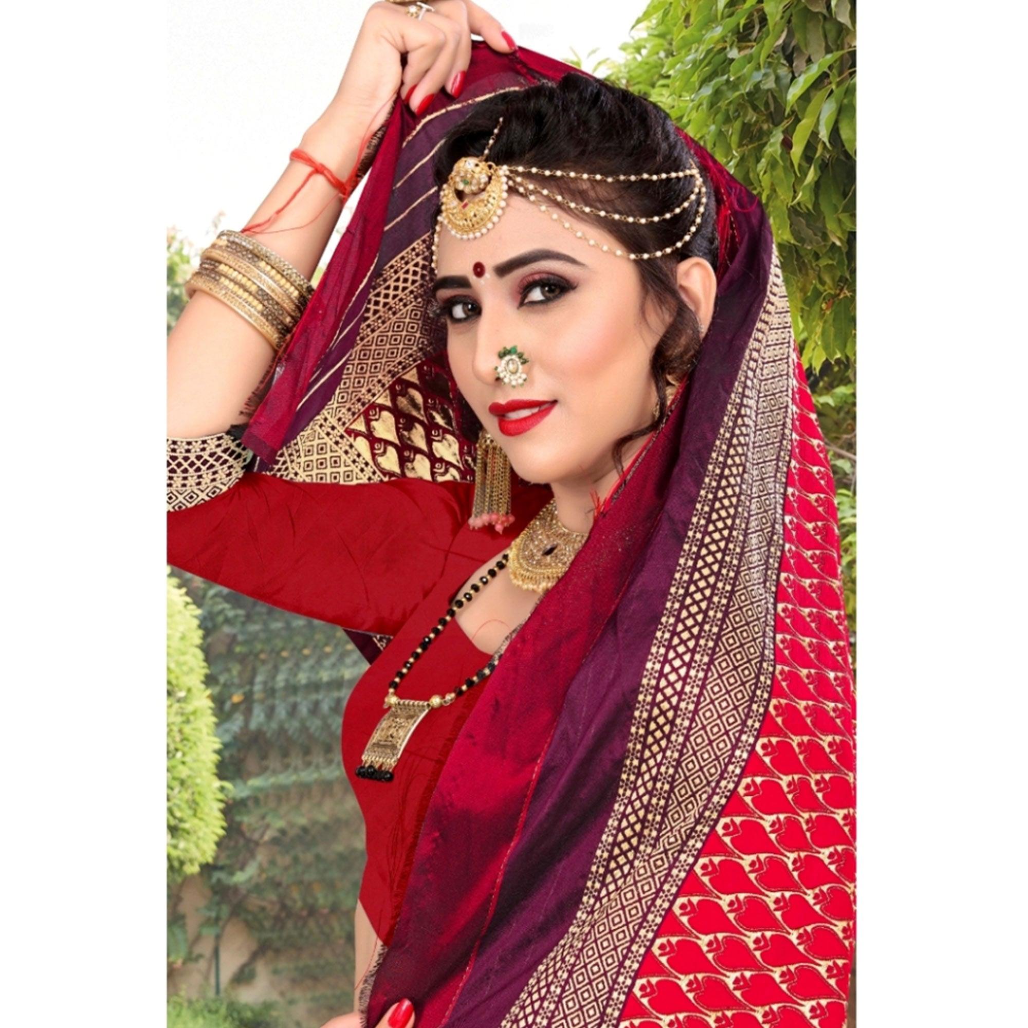 Energetic Purple Colored Festive Wear Woven Lichi Silk Saree - Peachmode