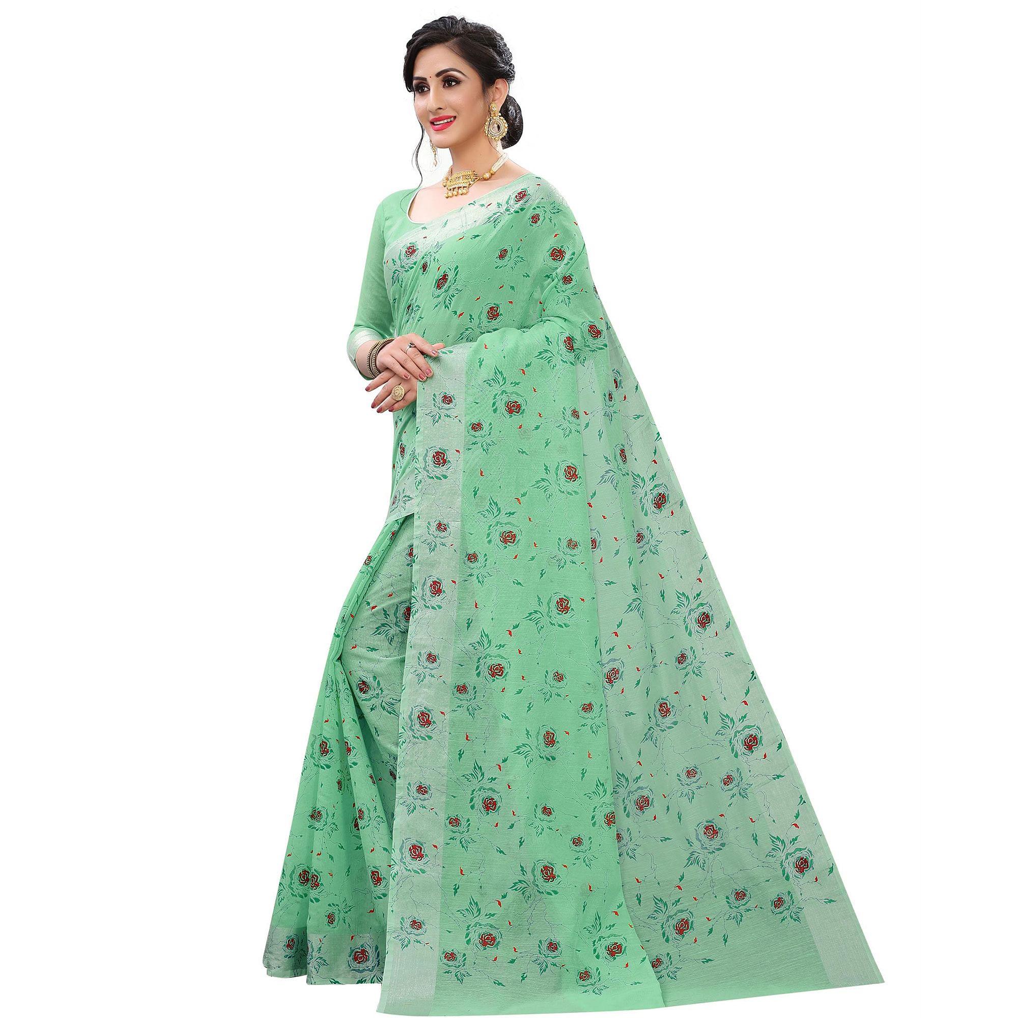 Energetic Rama Colored Casual Wear Printed Cotton Linen Saree - Peachmode
