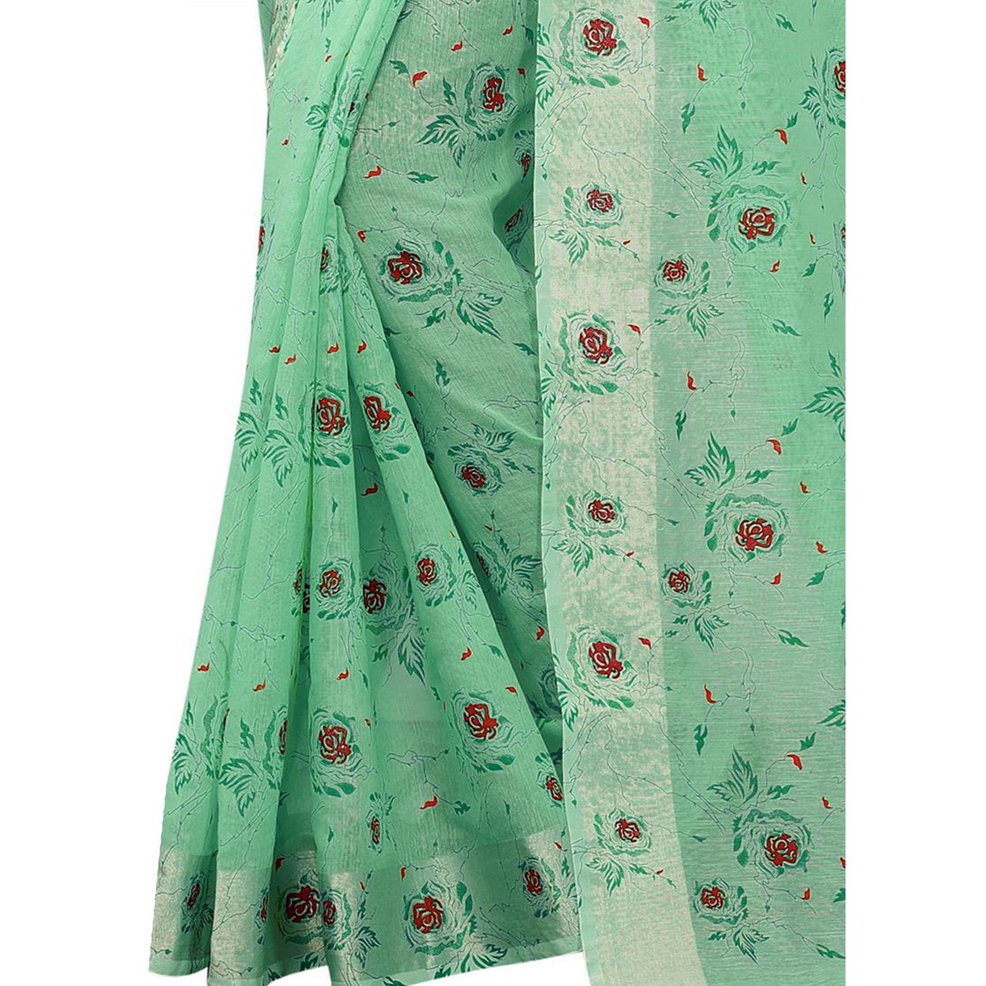Energetic Rama Colored Casual Wear Printed Cotton Linen Saree - Peachmode