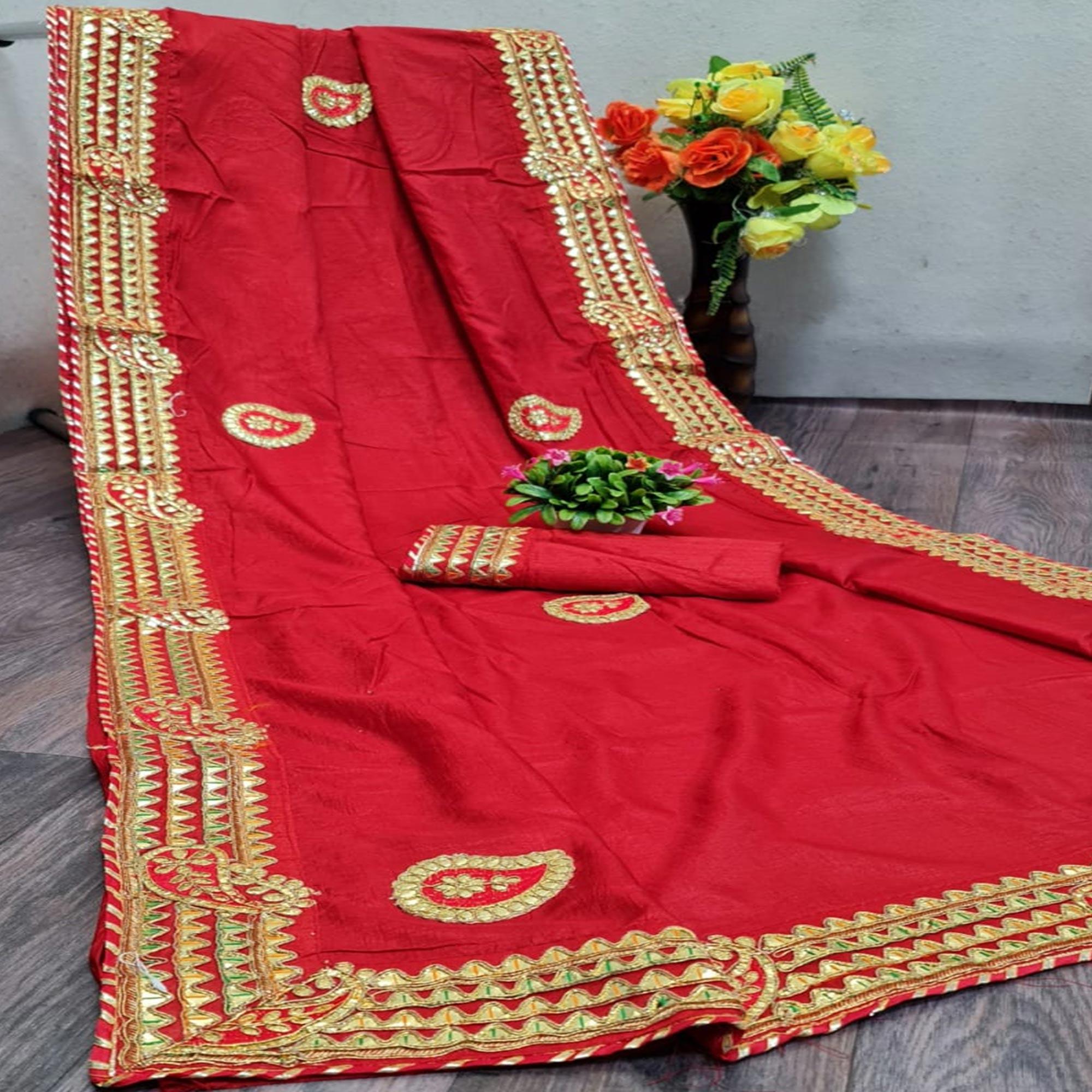 Energetic Red Colored Festive Wear Woven Moss Georgette Saree - Peachmode