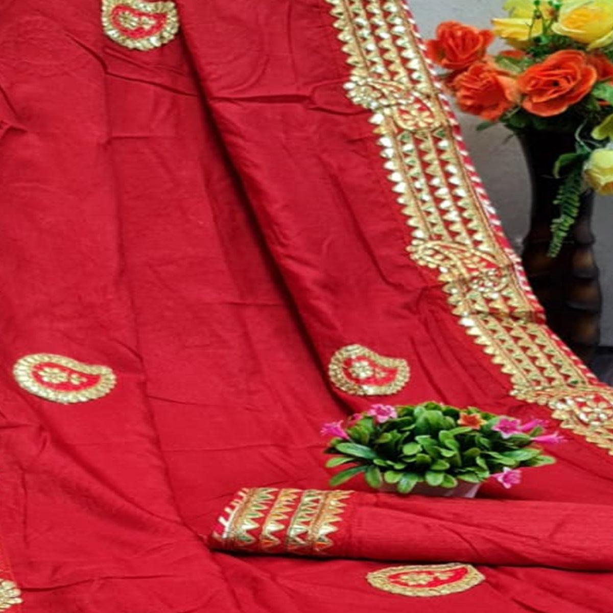 Energetic Red Colored Festive Wear Woven Moss Georgette Saree - Peachmode