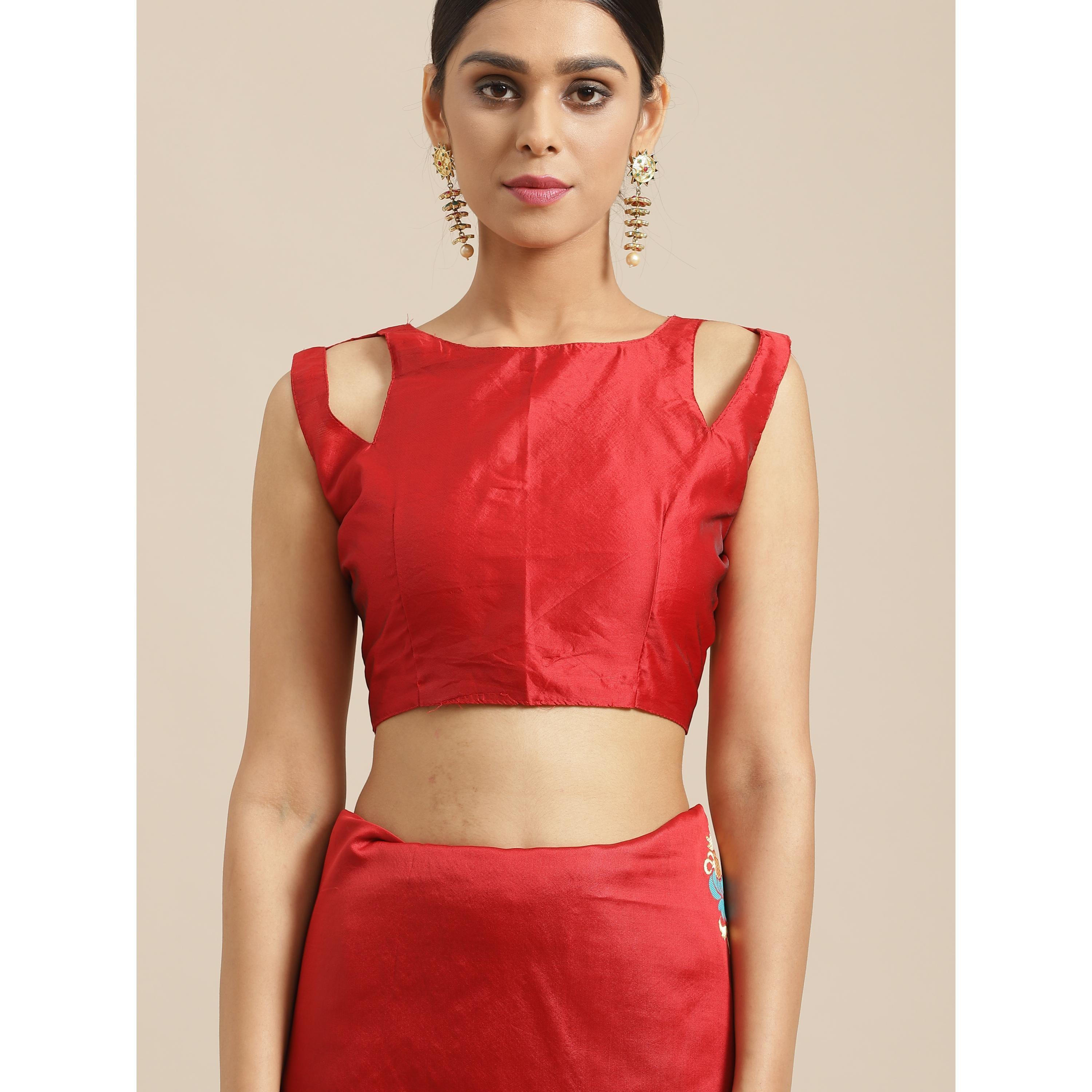 Energetic Red Colored Festive Wear Woven Silk Blend Saree - Peachmode