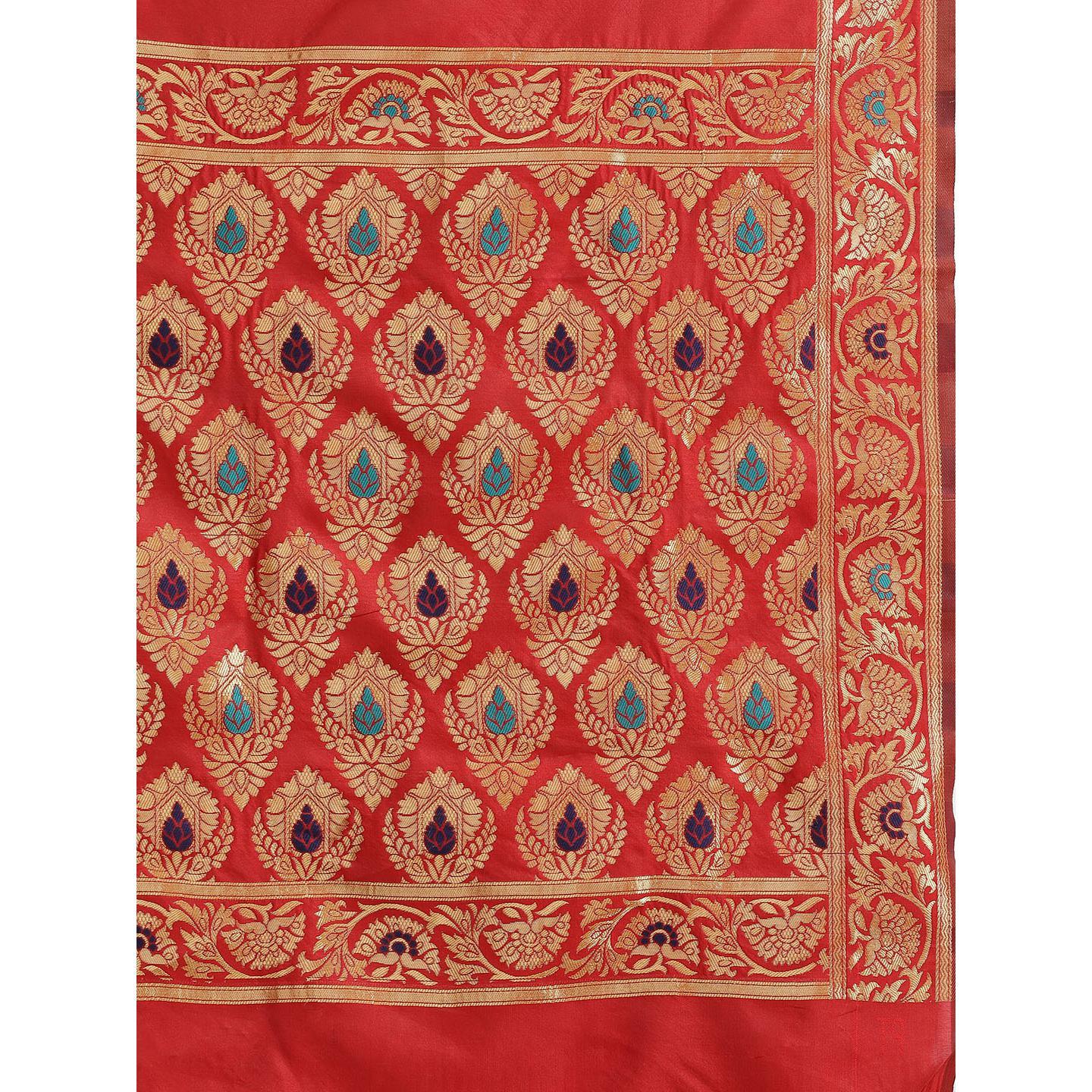 Energetic Red Colored Festive Wear Woven Silk Blend Saree - Peachmode